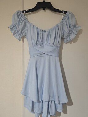 Cellecci Baby Blue Off-Shoulder Puff Sleeve Romper Skort, Ruffle Coquette Cinder